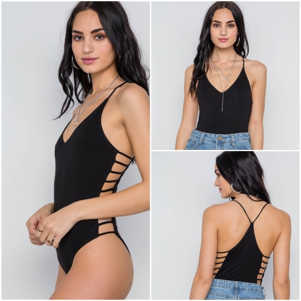 BLACK CAMI STRAPPY V-NECK SOLID BODYSUIT - Picture 1 of 5